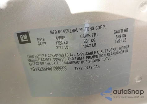 2008 Chevrolet Cobalt Lt z USA, uszkodzony, nr VIN 1G1AL58F487288568